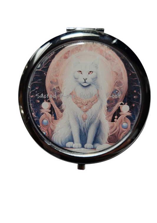 White Cat Goddess Compact Mirror Purse Make Up Travel Mirror Cat Lover Keepsake Fashion Accessory